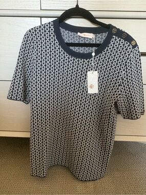 Tory Burch Navy and White Short Sleeve Knit Top with Gold Buttons